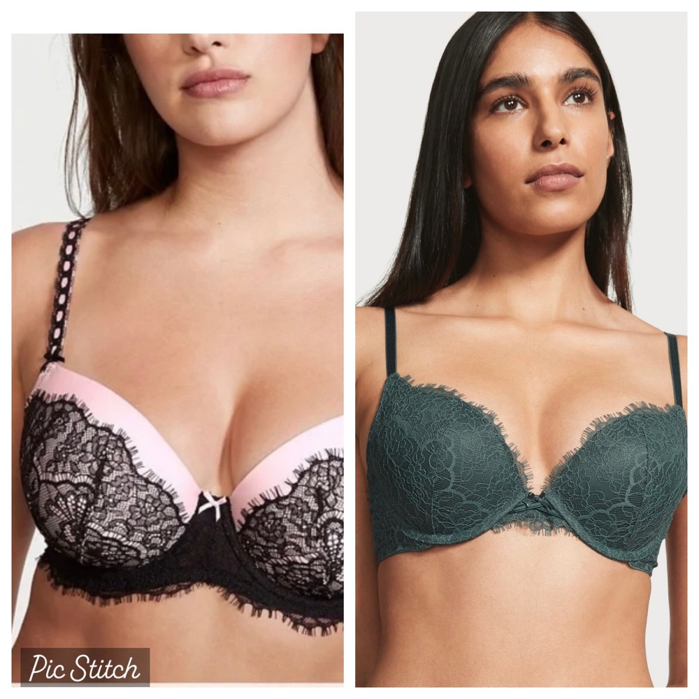 Victoria's Secret Dream Angels Push-Up Bra Women 34D Lace 2-Pack Teal Pink Black